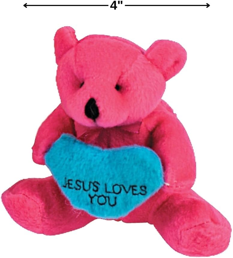 Fun Express Jesus Loves You Plush Religious Bears with Heart - 12 Pack Small Teddy Bears for Christian Party Favors, Baptism Gifts & Sunday School Prizes | 4.25" Mini Stuffed Animals Bulk Set