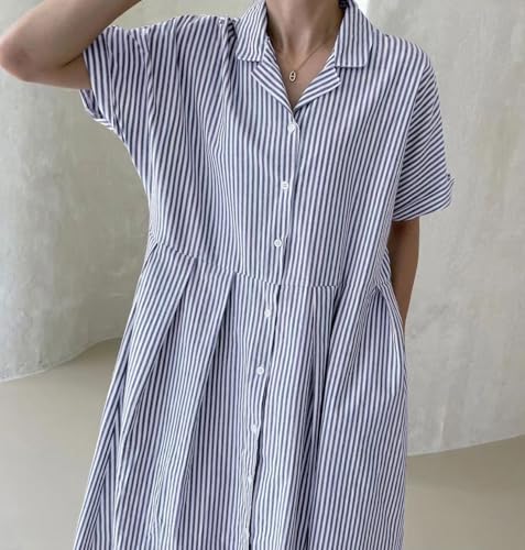 Image of chouyatou Women's Cotton Striped Shirt Dress Button Up Short Sleeve Midi Long Shift Dress with Pockets