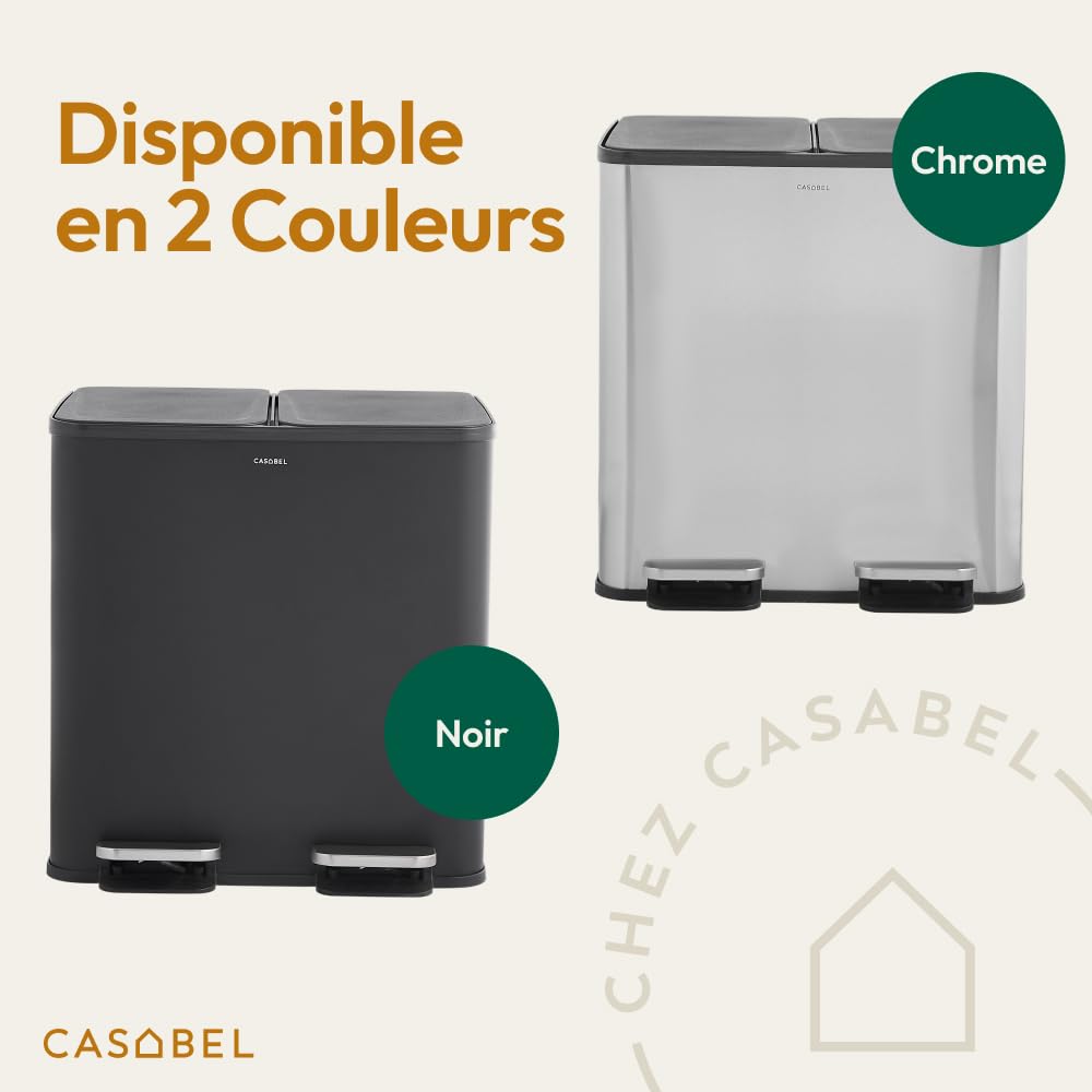CASABEL Poubelle Cuisine Double 2x15L en Acier Inoxydable, Chrome | Double compartiment, Tri sélectif, 2 pédales, Anti-traces de doigts, Couvercles hermétiques, Bacs amovibles, Entretien facile