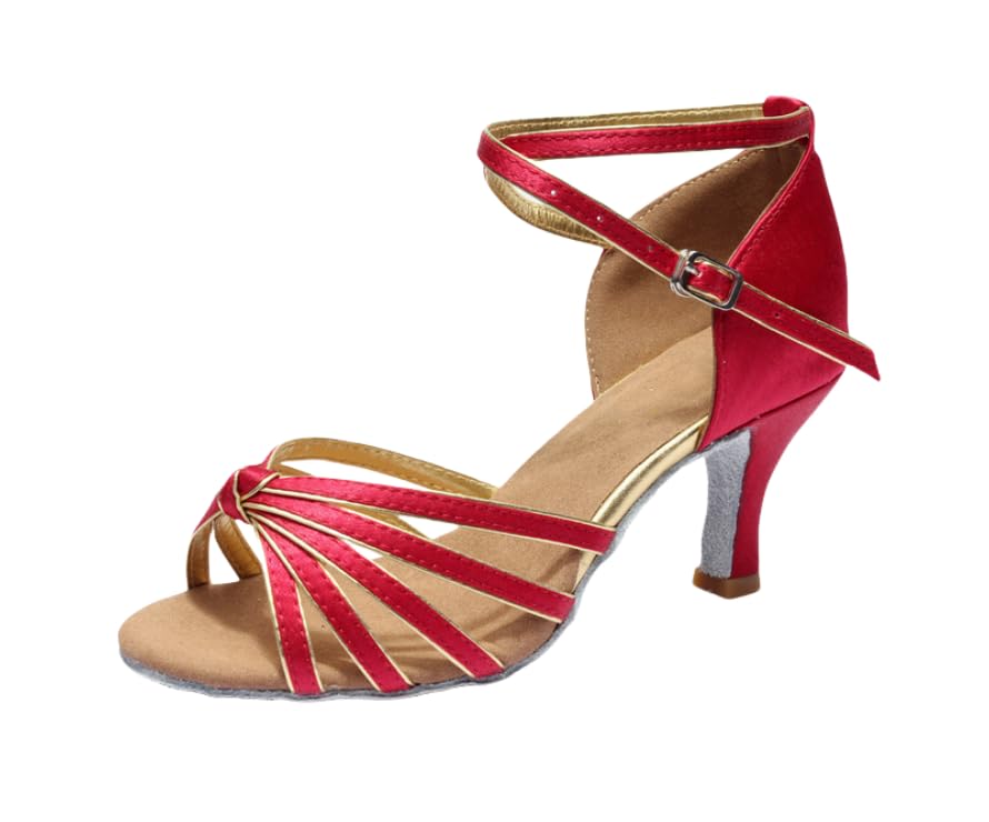 Hhhchpm Women's Latin Dance Shoes Satin Professional Heeled Ballroom Salsa Practice Performance Tango Party Dance Shoes (Wine red-2.76in,7)