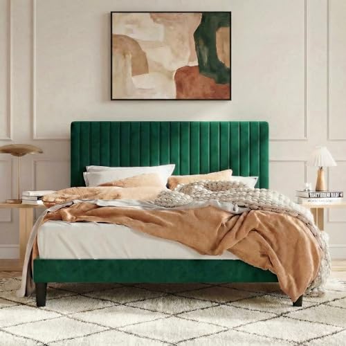 Image of SHA CERLIN Full Upholstered Platform Bed Frame with Vertical Channel Tufted Velvet Fabric Adjustable Headboard, Wooden Slats Support, Mattress Foundation, Box Spring Optional, Green