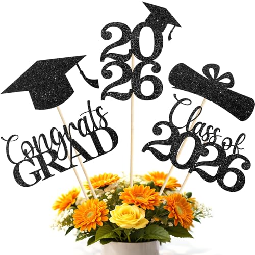 MSZWTDZX Graduation Decorations 2026 20Pcs Class of 2026 Graduation Centerpieces for Tables Black Double-Sided Grad Table Centerpieces with Sticks Grad Party Decoration Supplies