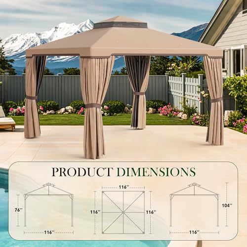 Incbruce Outdoor 10x10 FT Garden Gazebo, Steel Vented Double Roof Patios Canopy, Outside Gazebo with Mosquito Netting for Backyard, Lawns, Party (Brown)