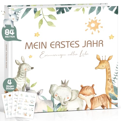 Mein erstes Jahr Babyalbum Meilensteinbuch Babytagebuch Babybuch mein erstes Lebensjahr Dschungel | personalisierte Baby Geschenk Junge Mädchen Geburt | Erinnerungsalbum Babys erstes Jahr mit Sticker