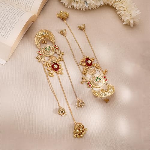 Image of Rubans Long Jhumka Earrings with Ear Chain Pearl Beaded Traditional Wedding Jewellery Gift for Women & Girls