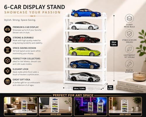 Image of 5-Car Display Rack - Premium Matte Black Tabletop Organizer with Tire Slots & Side Guards for 1:64 Scale Diecast Cars (Hot Wheels, Matchbox, Tomica,)(NO CAR INCLUDED) (White)