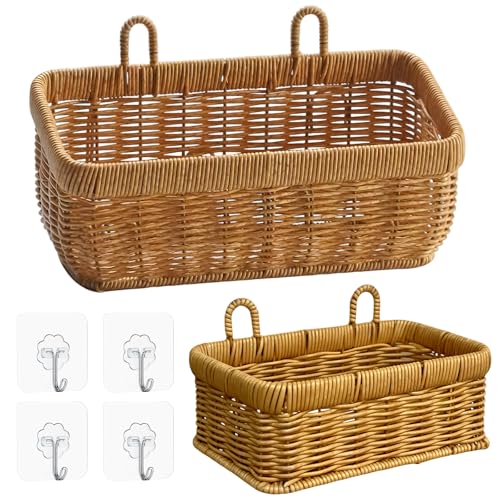 2 Stück Aufbewahrungskorb Geflochten aus Rattan Wandhalterung...