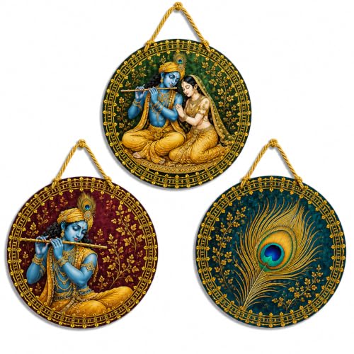 Image of DAKSHESTRY ARTWORKS Set of 3 Krishna Wall Hanging Decor | Radha Krishna & Peacock Feather Round MDF Wall Art | Hindu Spiritual Home Decoration for Living Room, Bedroom, Temple, Office (8X8 INCHES EACH)