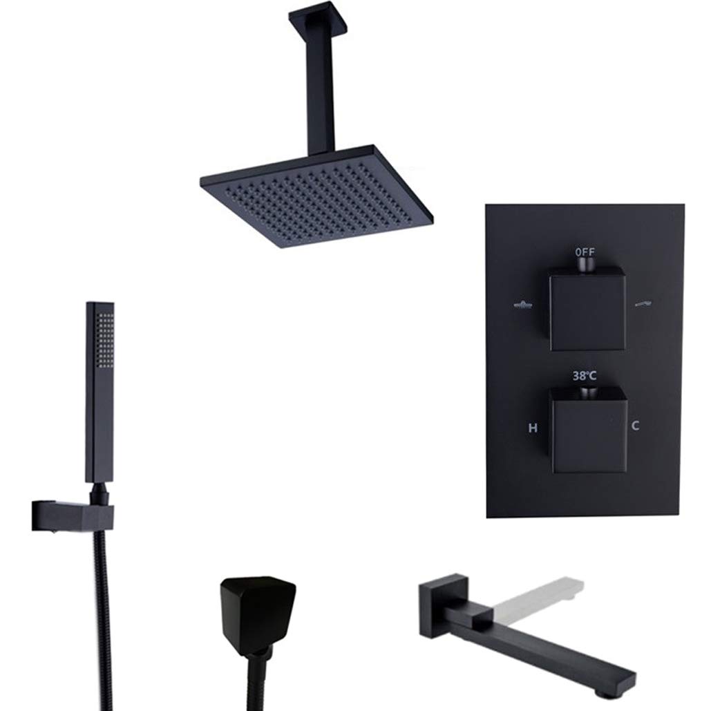 OZBMA shower set system, ceiling mounted thermostatic black brass bathroom rain mixer taps with 8-12" square rainfall head and handheld tub taps, set,1 (A 12 Inch)