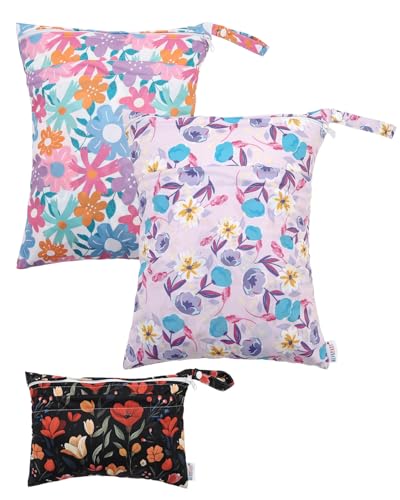 Image of ALVABABY 3 Cloth Diaper Wet Dry Bags Waterproof Reusable with Two Zippered Pockets Travel Beach Pool Daycare Soiled Baby Items Yoga Gym Bag for Swimsuits or Wet Clothes Small medium Large 3L-SML07