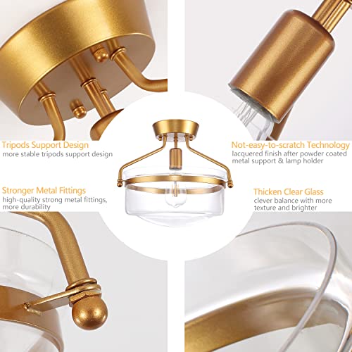 Heircido Flush Mount Ceiling Light Fixtures Gold, 13.5 Inch Metal Ceiling Light Fixtures, Farmhouse Close To Ceiling Light Fixtures With Clear Glass #TOP5