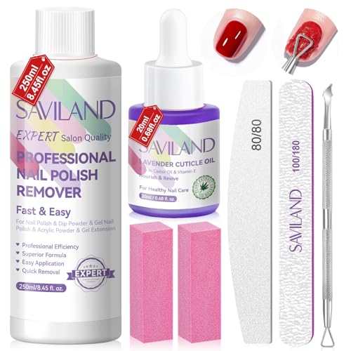 Saviland 100% Acetone Nail Polish Remover Kit, Professional Acrylic & Gel Remover with Cuticle Oil, Nail Files, Buffers & Peeler for Dip Powder, Gel Extensions and Artificial Nails