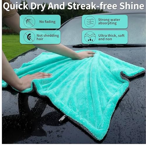 Image of 1200 GSM Microfiber Car Cleaning Cloth - Grey, Twisted Loop, Edgeless, Plush Pile Towel for Car Wash, Drying & Auto Detailing (Grey /Green)