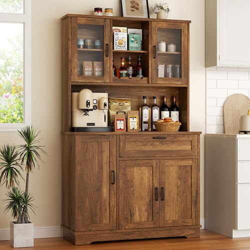 Image of Vongrasig Kitchen Pantry Cabinet, Tall Farmhouse Storage Cabinet, Brown | Freestanding Hutch with Adjustable Shelves and Doors, Large Food Cabinet with Microwave Stand for Kitchen, Dining Room