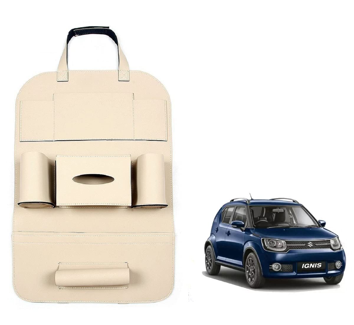 Oshotto Car Backseat Storage Organizer Phone Holder,Multi-Pocket for Bottles, Tissue Boxes,Kids Toy Storage and Great Travel Accessory Compatible with Maruti Suzuki Ignis (Beige)-image-25