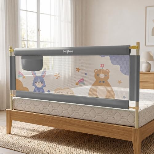 Image of BAYBEE Bed Rail Guard (150x80cm) | Bed Railing for Baby Safety with 28 Height Adjustable Bedside Protector for Babies Falling | Foldable Bed Safety Guard for Kids (1 Side, (Grey)