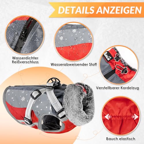 Eyein Hundemantel Winter, Wasserdichter Fleece Hundejacke mit Geschirr für kleine, mittlere und große Hunde, reflektierende Winddichter Welpenweste für Spaziergänge im Freien (Rot, M)