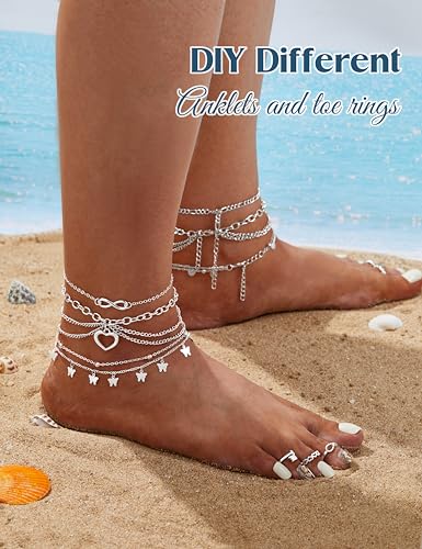 ORAZIO Toe Rings and Ankle Bracelets for Women Silver Rose Gold Plated Anklet Toe Rings Cute Layered Anklets Open Tail Rings Adjustable Beach Foot Jewelry for Summer3