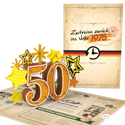 papercrush® Pop-Up Karte „Zurück ins Jahr 1975“ - Lustige 3D Geburtstagskarte zum 50. Geburtstag für Frau & Mann - Besondere Glückwunschkarte 50 Jahre mit lustigen Fakten zum Jahrgang papercrush® Pop-Up Karte „Zurück ins Jahr 1975“ - Lustige 3D Geburtstagskarte zum 50. Geburtstag für Frau & Mann - Besondere Glückwunschkarte 50 Jahre mit lustigen Fakten zum Jahrgang