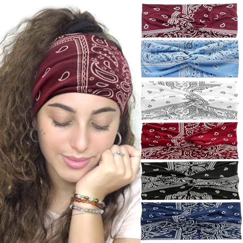 QFGasre Stirnband Damen Set - 6 Stück Elastische Sport Stirnbänder Mit Blumenmuster