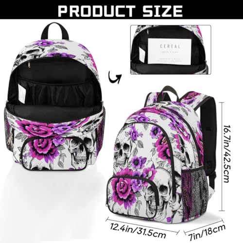 School Backpack for Boys Girls, Floral Skull Elementary School Bags Flowers Skull Lightweight Bookbag Laptop Backpack Casual Daypack Rucksack for Kids Teens2