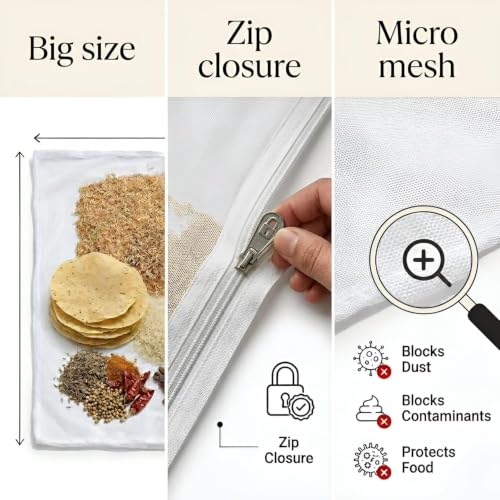Image of Papad Drying Cloth with Zipper Net Cover | Pure Cotton Food Drying Cloth for Papad, Vadagam, Appalam, Fryums, Spices, Grains & Herbs | Reusable Sun Drying Mat | 75 x 100 cm