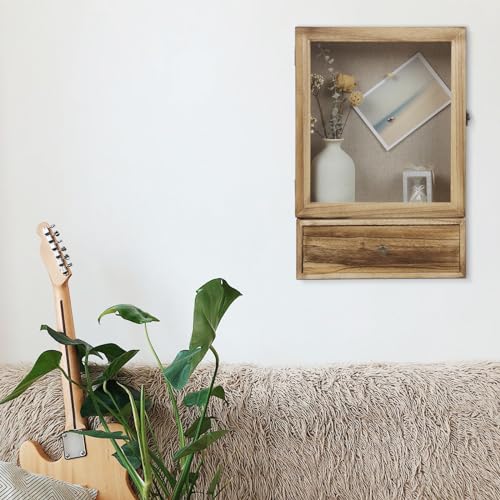 Butizone Shadow Box Frame, 3.2" Deep Shadow Box Display Case with Real Glass and Drawer, Rustic Wood Memory Box for Pictures, Flowers, Memorial, Medals, Wedding Bouquet for Wall or Tabletop, Brown - Thumbnail 3