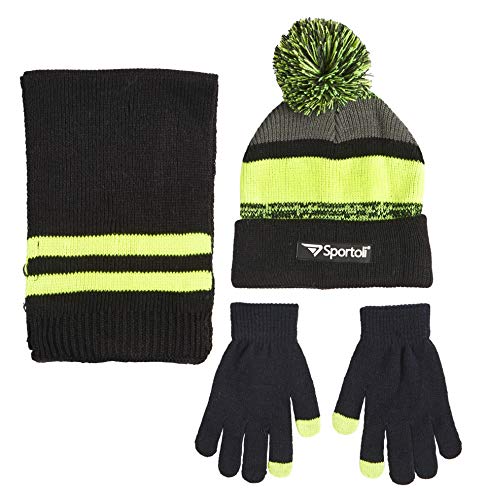 Sportoli Men’s Boys’ Kids 3-Piece Striped Knit Cold Weather Set Hat Scarf Gloves - Black/Lime/Grey (Size Adult)