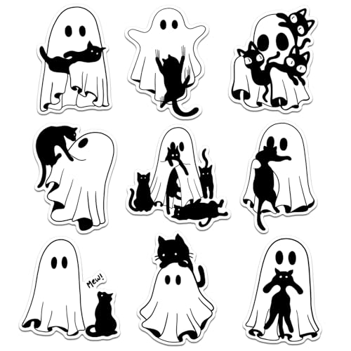 (9Pcs) Black Cat and Ghost Stickers Size 3 Halloween Waterproof Sticker Spooky Vinyl Decal for Laptop Phone Water Bottle Journal Tumbler