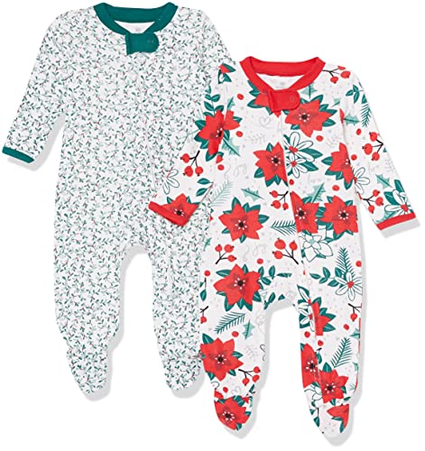 Image of HonestBaby Baby Sleep N' Play One-Piece Sleeper Zip-Front Organic Cotton Footed Holiday Pajamas