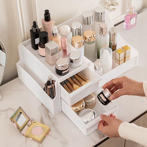 ALOXE Premium Large Makeup Organisers | Upgraded Storage Box and Organiser with Drawers for Dressing Table, Skincare, Makeup Storage & Accessories (Wh