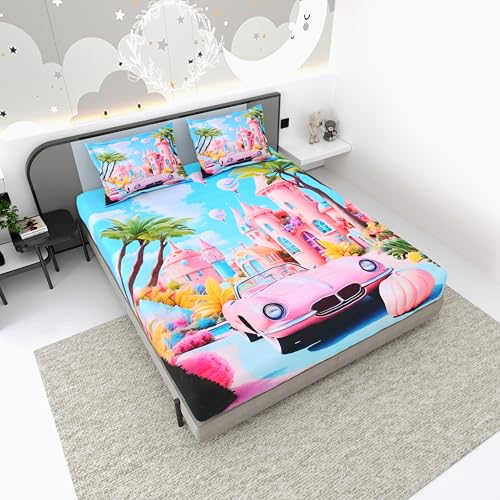 Image of Dream Weaverz 7D Bedsheet for Double Bed King Size with 2 Pillow Covers | Princess Castle & Pink Car Theme Digital Printed & Fitted Elastic for Kids | Glaze Cotton | Fits Upto 10 Inch Mattress