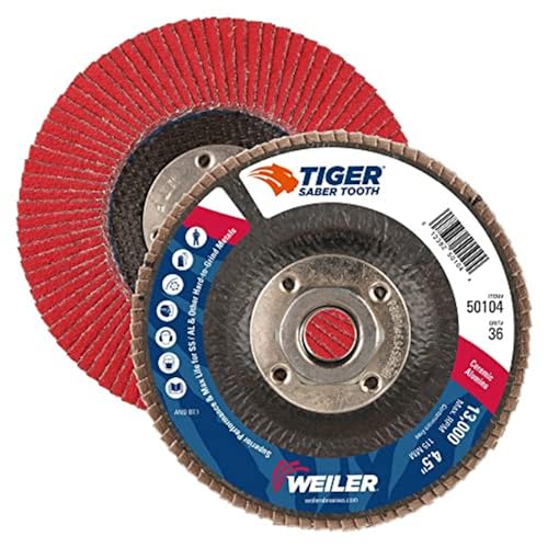 Image of Weiler 50104 Saber Tooth 5 /8 inch-11 Arbor, 4-1 /2 inch Diameter, 36 Grit, Ceramic, Phenolic Backing, Angled Abrasive Flap Disc (Pack of 10)