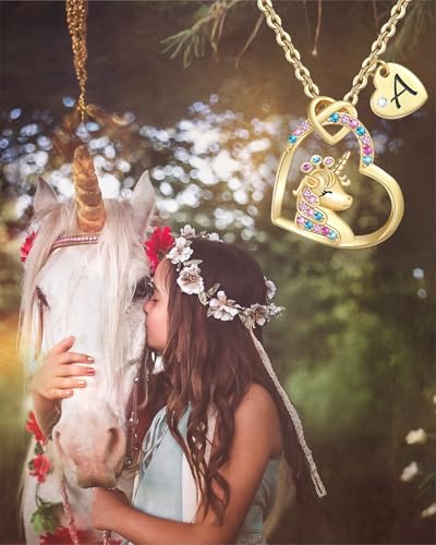 Unicorn Gifts for Girls, Colorful CZ Heart Unicorn Necklaces Initial Necklace Birthday Christmas Gift for Girls Teens4