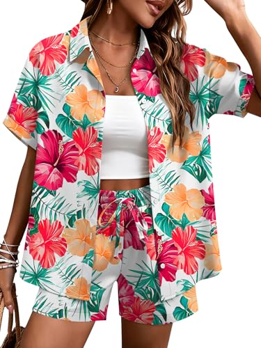 LOMON 2 Piece Hawaiian Vacation Outfits for Women Tropical Print Short Sleeve Shirts Shorts Beach Sets Fashion 2026