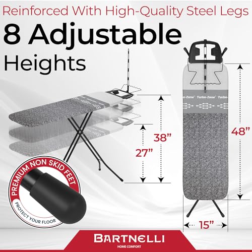 Bartnelli Heavy Duty Ironing Board 48x15 | Designed & Made in Europe with Patent Technology, Turbo & Park Zone
