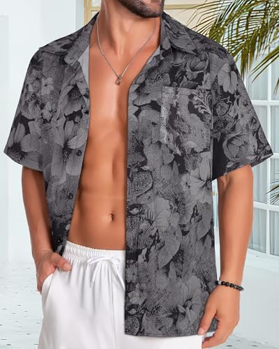 Image of Men Hawaiian Shirt Short Sleeve Summer Beach Button Down Shirts with Pocket