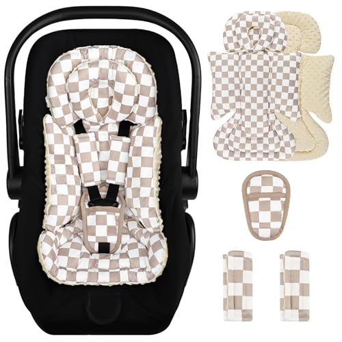 Image of DILIMI Infant Car Seat Insert, Baby Car Seat Head Support with Removable Headrest, Adjustable Newborn Car Seat Cushion with3 Strap Paddings for Stroller, Swing, Bouncers, Coffee Lattice