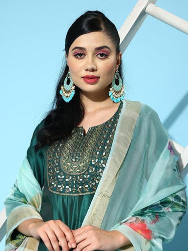 Image of INDO ERA Women's Teal Viscose Embroidered Straight Kurta & Palazzo With Dupatta Set (BOGSS3720)