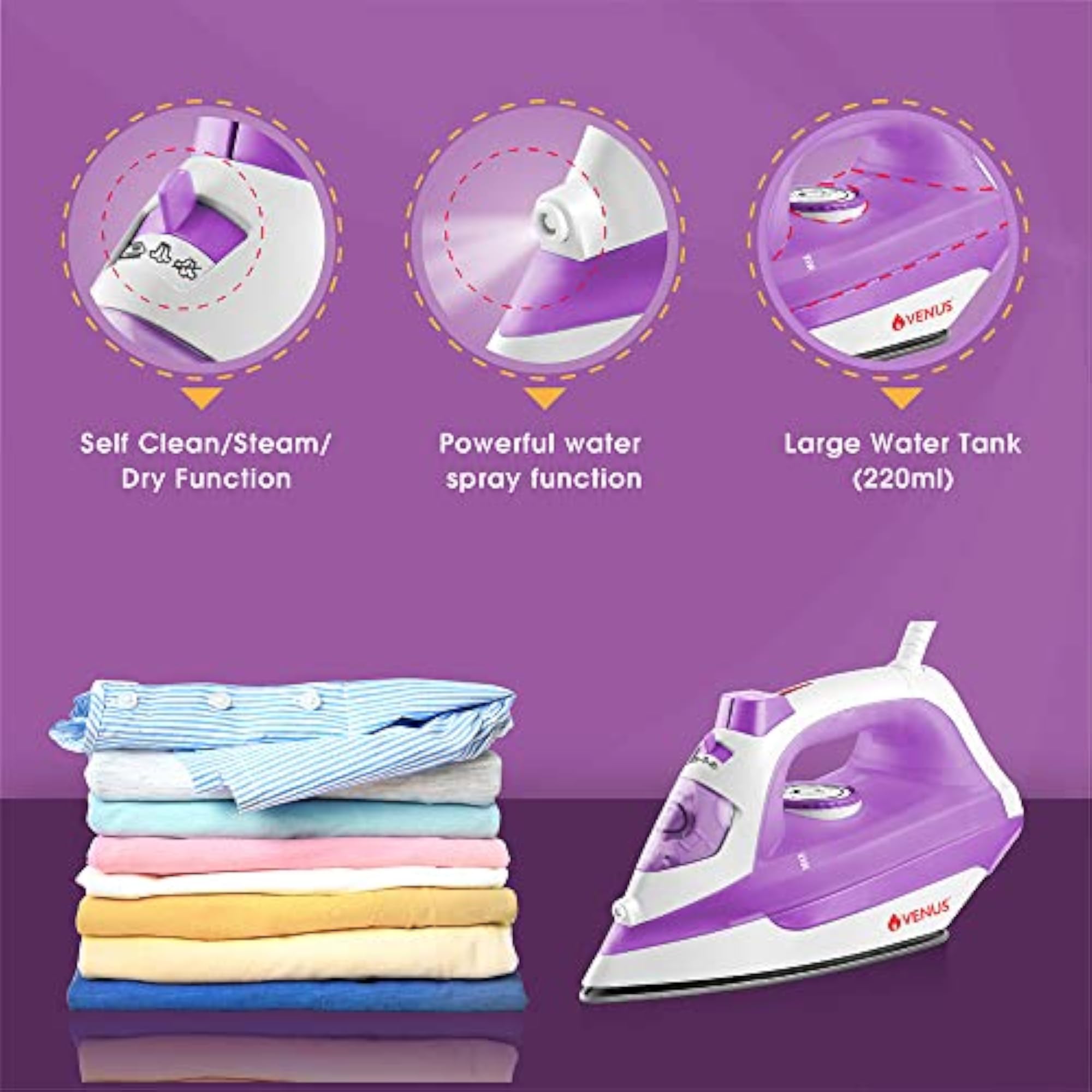 Vibe 1600 Watts Steam Iron, Fast Heating and Self Cleaning