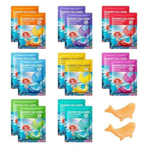 16 Pares (32 Piezas) Eye Patches Colágeno Sirena, 8 Tipos Parches Contorno Ojos con Ingredientes Marinos Naturales, Hidratante, Contra Ojeras, Bolsas y Arrugas Finas, Cuidado Facial Diario