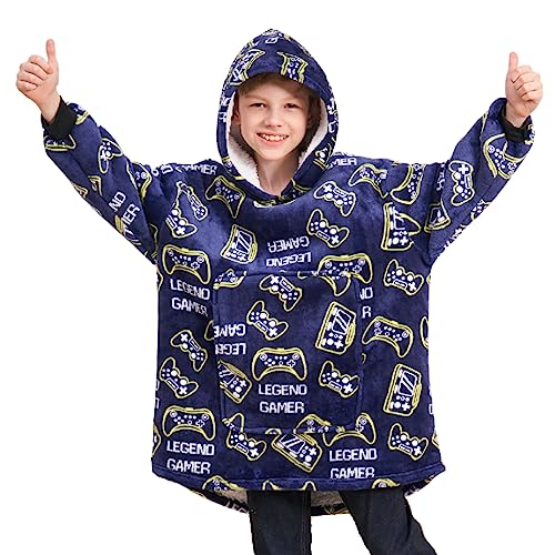 Game Controller Print Kids' Wearable Blanket Hoodie (Blue, Age 14)