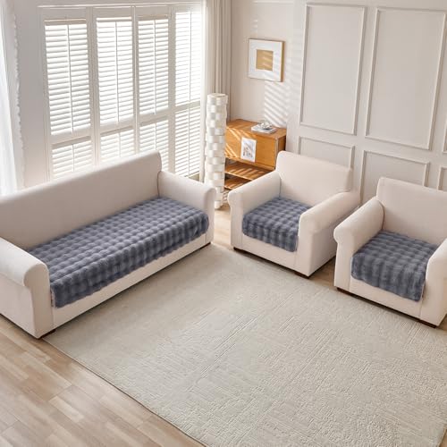 Image of HOKIPO 'FurHug' Luxury Faux Rabbit Fur Sofa Cover Mat 5 Seater (3+1+1), Cool Grey (AR-5010-5)