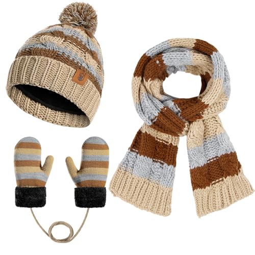 Image of Boys Winter Hat Scarf and Gloves Set for Kids Warm Knitted Hat Mittens and Fleece Neck Warmer Scarf Set for Boys Girls 3pcs