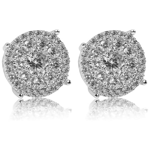 Flower Cluster 14k White Gold Plated 925 Sterling Silver Large Round Hypoallergenic CZ Stone Ice Out Screw On Back Hip Hop Stud Big Circle Shape Earrings For Men Cover