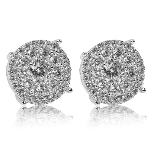 Flower Cluster 14k White Gold Plated 925 Sterling Silver Large Round Hypoallergenic CZ Stone Ice Out Screw On Back Hip Hop Stud Big Circle Shape Earrings For Men