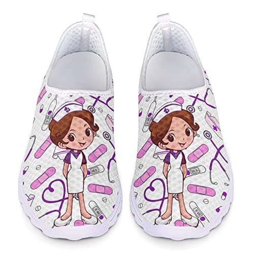 POLERO Zapatos Bonitos de Enfermera para Mujer, Zapatillas de Moda sin Cordones con Estampado de Enfermera de Dibujos Animados, Zapatillas Ligeras, EU38