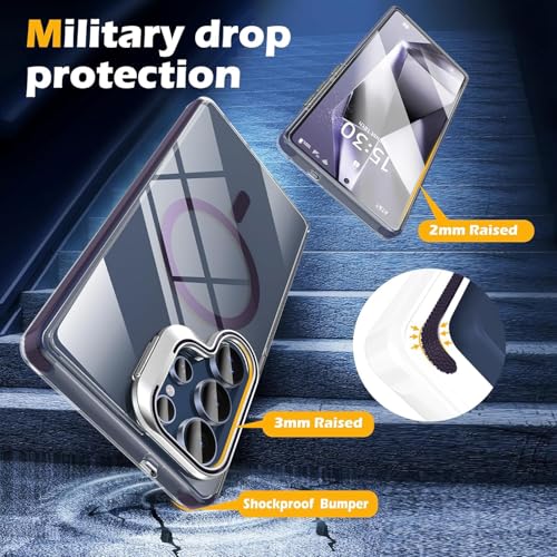Image of Elzzi Premium Samsung S25 Ultra 5G Case Compatible With Magsafe Cover Built-In Camera Stand Transparent Covers Military-Grade Protective Case Drop Protection Non Yellowing Hard PC +TPU, Deep Purple