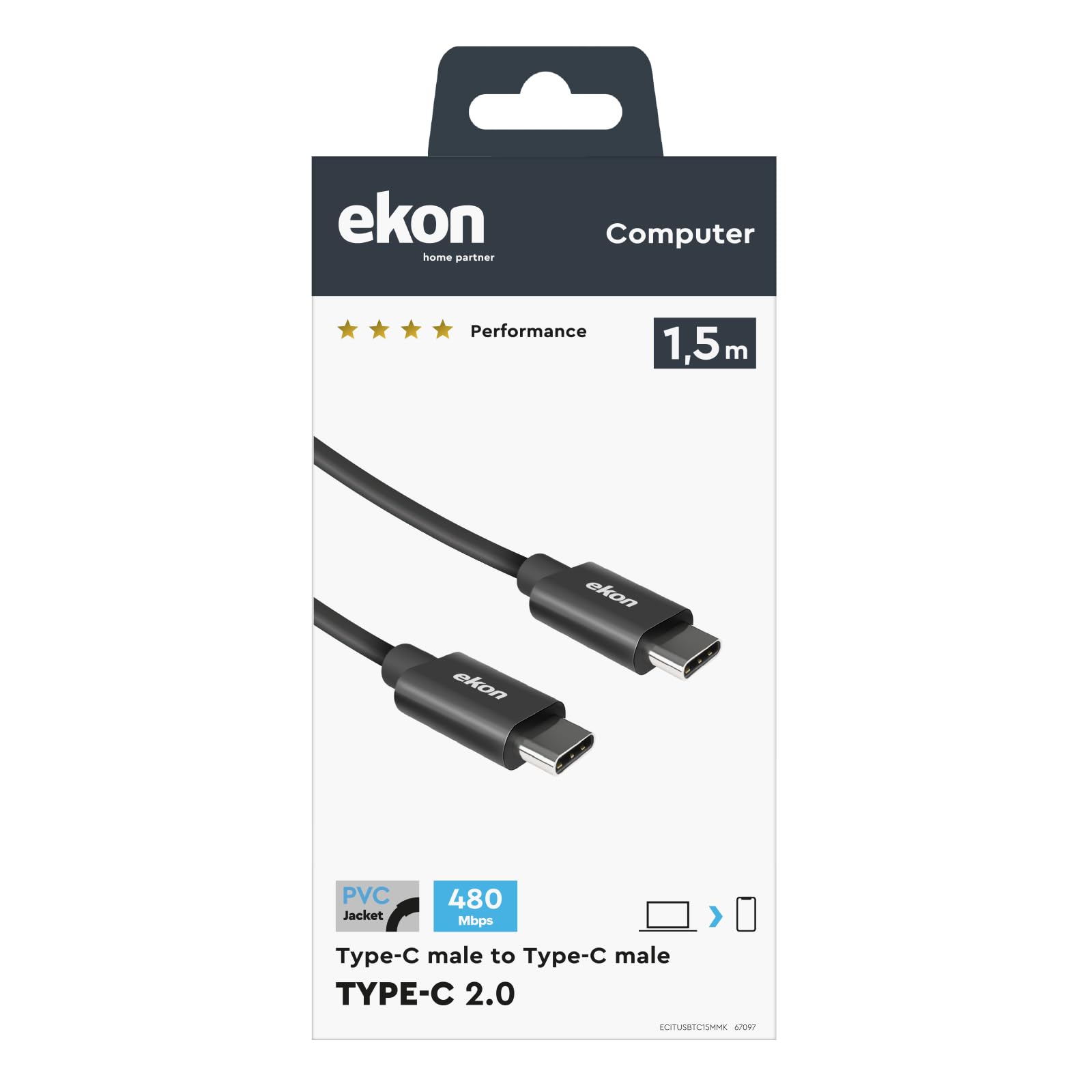Ekon Cavo USB-C 2.0 1,5m – Ricarica 60W E Trasferimento Dati 480Mbps – Nero – Resistente Alle Pieghe - 2