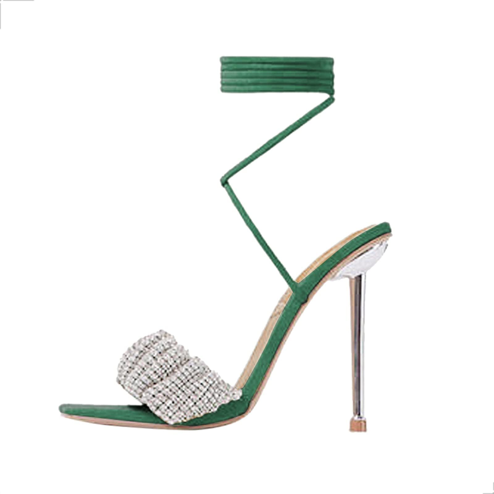 PMJAdd8s4 Women's High Heels Breathable Lace-up Shoes Casual Square Toe Sandals